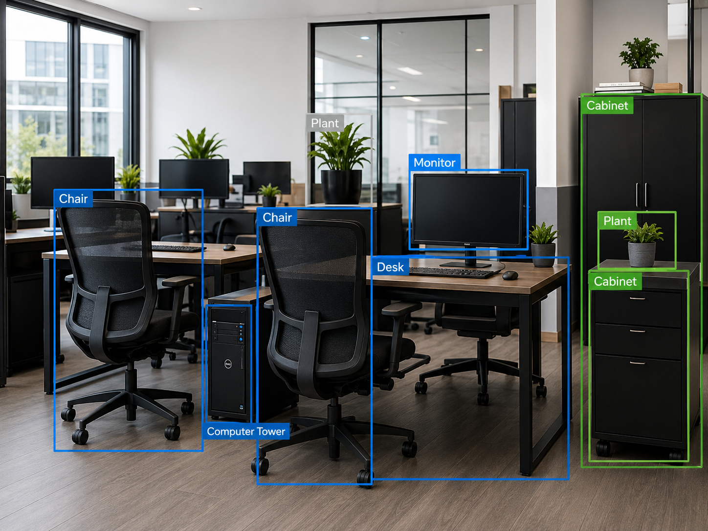 AI bounding boxes labelling office furniture in a photo