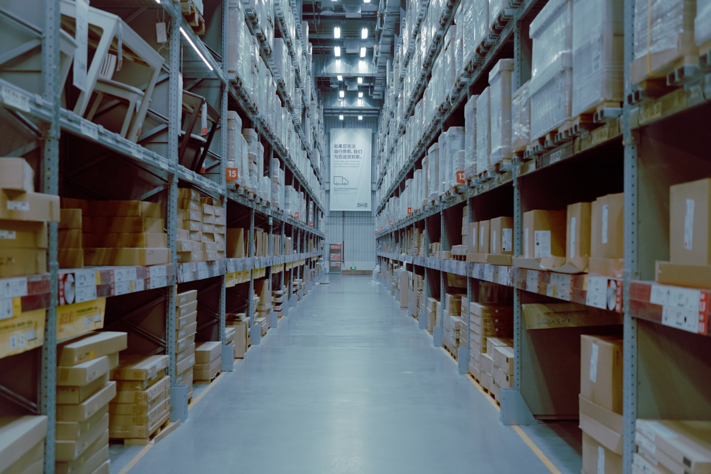 Organized, labeled warehouse shelving